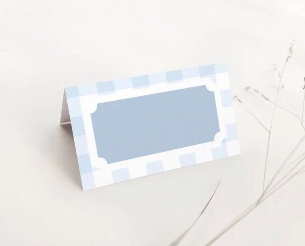 Printed Escort Cards - Baby Shower Place Cards - Preppy Blue Gingham Baby Sprinkle - Buffet Table Cards - Food Tent Cards (20 escort cards)