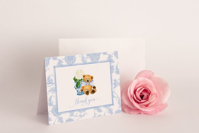 Chinoiserie Bear Printed Thank You Notes for Baby Shower, Baby Boy Spinkle Thank You Cards, Printed Stationery, Printed Cards (20 printed notes)