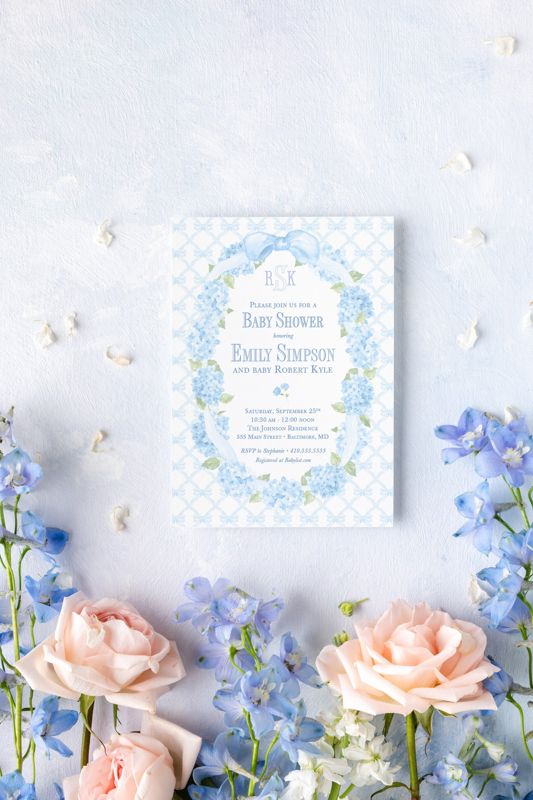 Grandmillenial Baby Boy Shower Invitations for Bow Frame, Sprinkle for Baby Boy, Hydrangea Bow Wreath