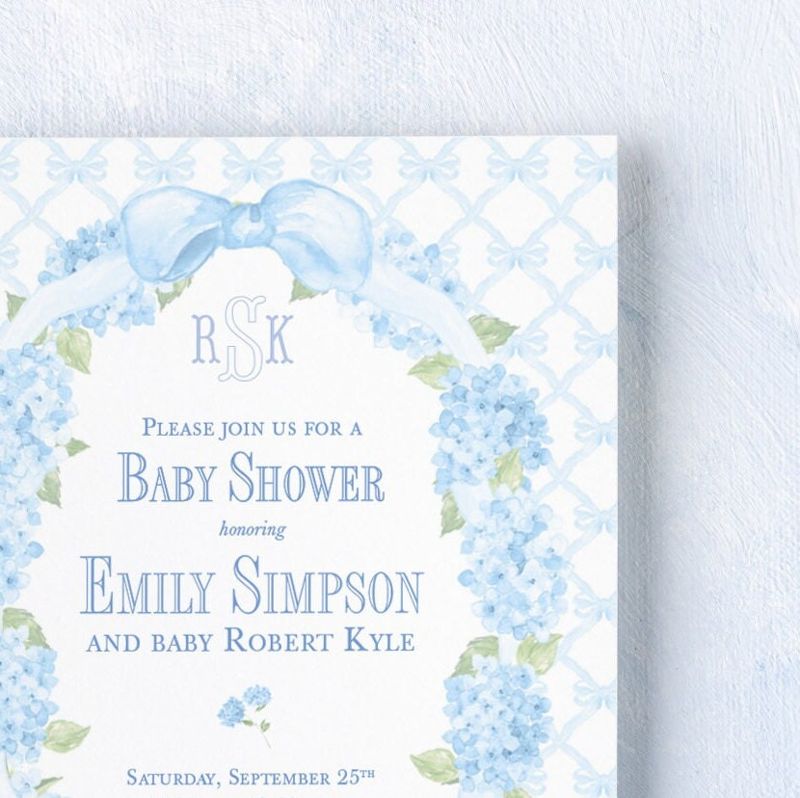 Grandmillenial Baby Boy Shower Invitations for Bow Frame, Sprinkle for Baby Boy, Hydrangea Bow Wreath