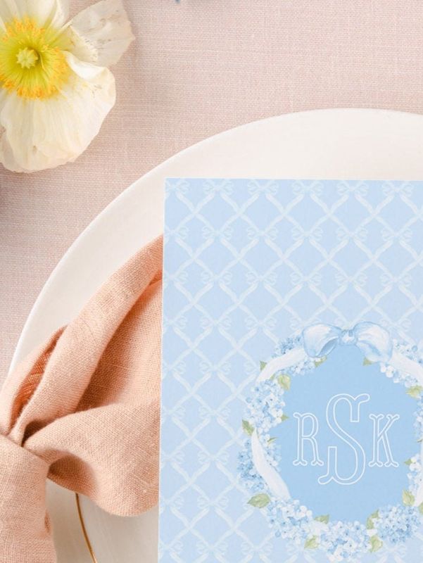 Grandmillenial Baby Boy Shower Invitations for Bow Frame, Sprinkle for Baby Boy, Hydrangea Bow Wreath