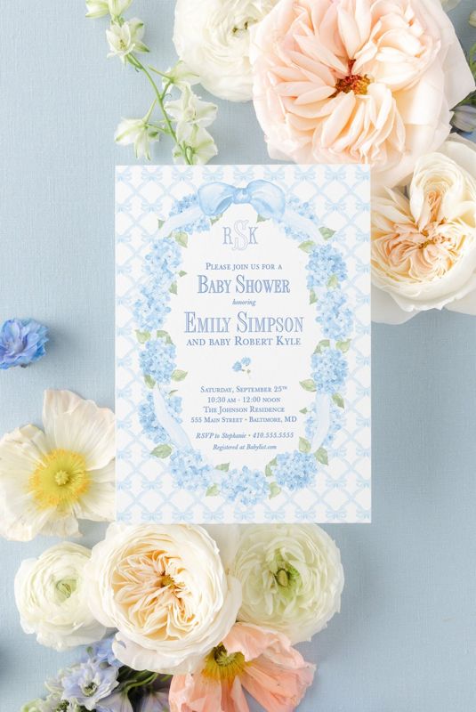 Grandmillenial Baby Boy Shower Invitations for Bow Frame, Sprinkle for Baby Boy, Hydrangea Bow Wreath