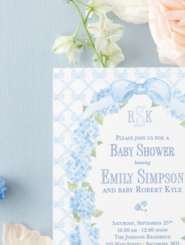 Grandmillenial Baby Boy Shower Invitations for Bow Frame, Sprinkle for Baby Boy, Hydrangea Bow Wreath