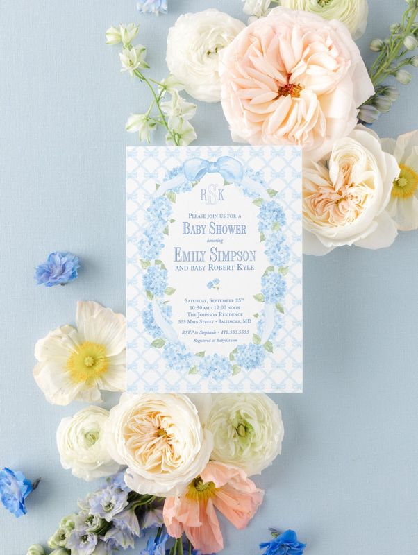 Grandmillenial Baby Boy Shower Invitations for Bow Frame, Sprinkle for Baby Boy, Hydrangea Bow Wreath