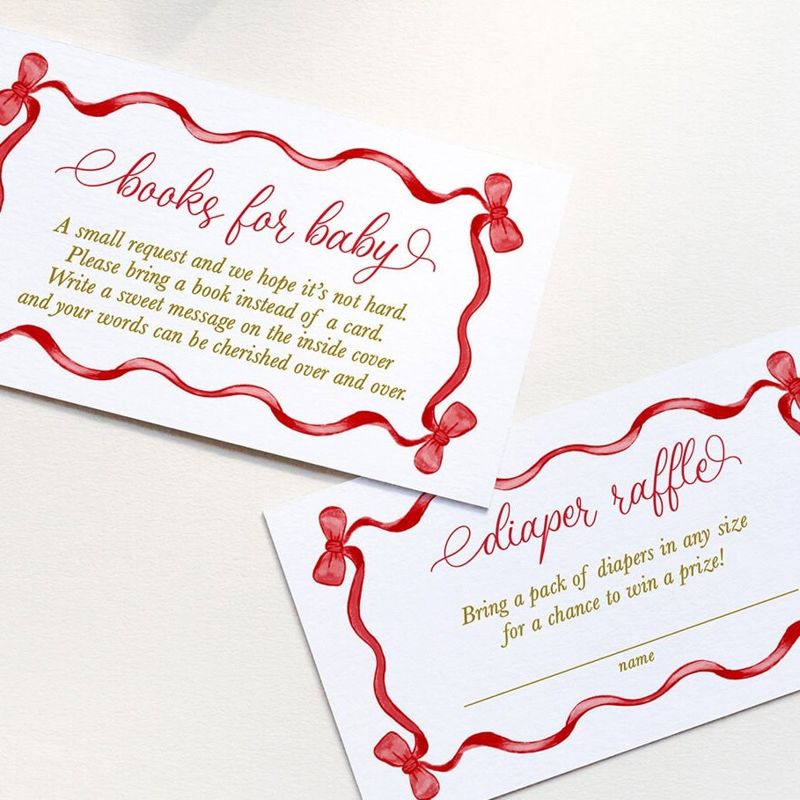 Christmas Baby Shower Insert Cards - Books for Baby or Diaper Raffle PRINTED Red Bow Watercolor (20 printed cards | Books for Baby)