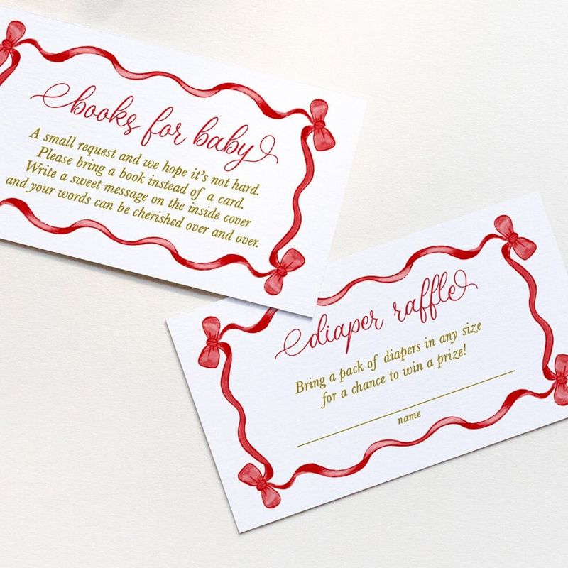 Christmas Baby Shower Insert Cards - Books for Baby or Diaper Raffle PRINTED Red Bow Watercolor (20 printed cards | Books for Baby)