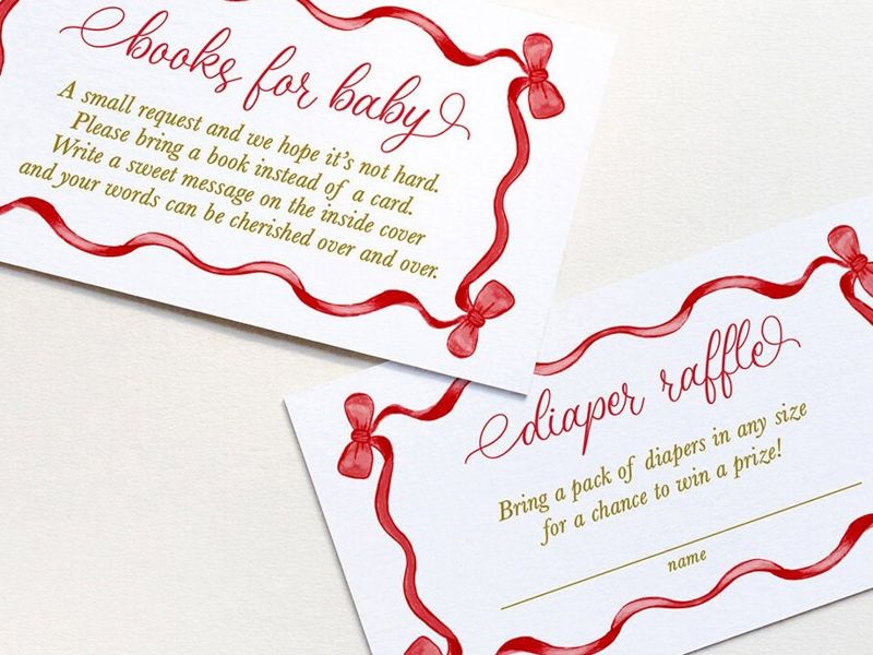 Christmas Baby Shower Insert Cards - Books for Baby or Diaper Raffle PRINTED Red Bow Watercolor (20 printed cards | Books for Baby)