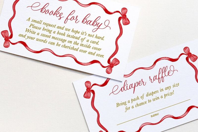 Christmas Baby Shower Insert Cards - Books for Baby or Diaper Raffle PRINTED Red Bow Watercolor (20 printed cards | Books for Baby)