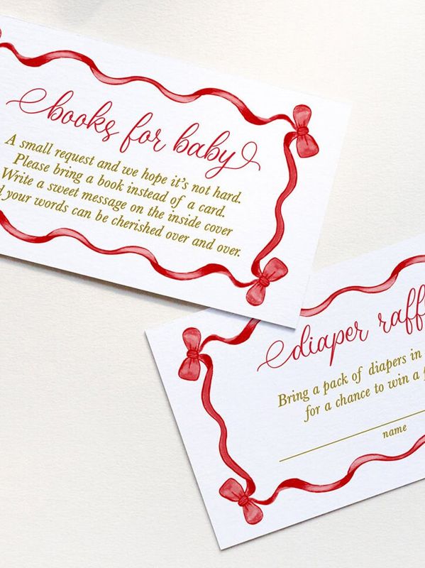 Christmas Baby Shower Insert Cards - Books for Baby or Diaper Raffle PRINTED Red Bow Watercolor (20 printed cards | Books for Baby)