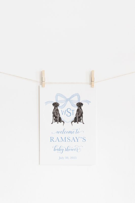 Black Labrador Retriever Welcome Sign, Preppy Baby Boy Shower, Preppy Watercolor Sign, Boy Watercolor Crest with Labrador Retrievers