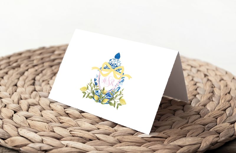 Watercolor Crest, Preppy Monogram Crest, Lemon Crest, Pink Bow, Ginger Jar Thank You Notes (20 printed notes)