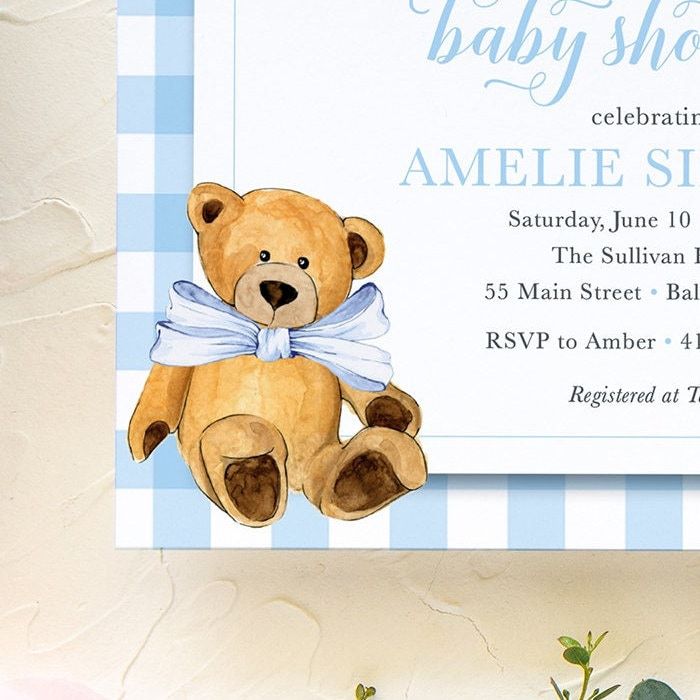 Teddy Bear Invites - Blue Gingham Baby Shower - Bear Invitations - Blue Teddy Bear - Boy Baby Shower - Bear Theme Party - Bear Invite (10 printed invitations | Plain White Envelopes)