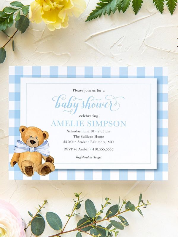 Teddy Bear Invites - Blue Gingham Baby Shower - Bear Invitations - Blue Teddy Bear - Boy Baby Shower - Bear Theme Party - Bear Invite (10 printed invitations | Plain White Envelopes)