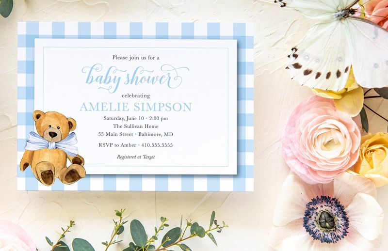 Teddy Bear Invites - Blue Gingham Baby Shower - Bear Invitations - Blue Teddy Bear - Boy Baby Shower - Bear Theme Party - Bear Invite (10 printed invitations | Plain White Envelopes)