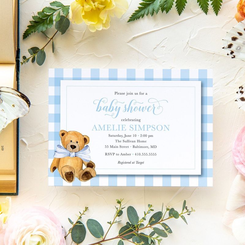 Teddy Bear Invites - Blue Gingham Baby Shower - Bear Invitations - Blue Teddy Bear - Boy Baby Shower - Bear Theme Party - Bear Invite (10 printed invitations | Plain White Envelopes)