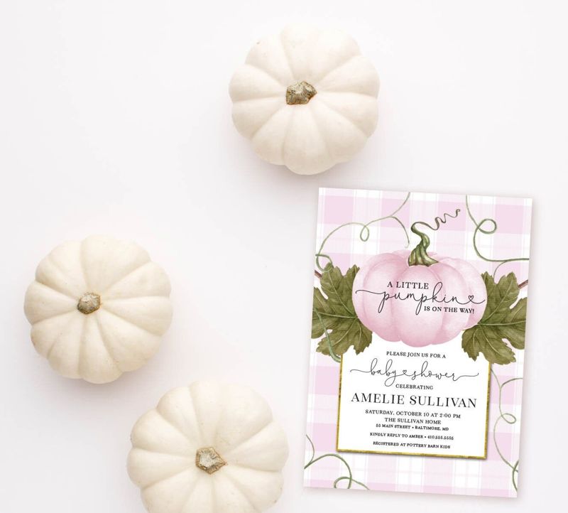 Girl Pumpkin Baby Shower Invitations - Fall Pink Pumpkin Baby Girl Sprinkle - Baby Brunch - Sip and see girl (10 printed invitations, Plain White Envelopes)