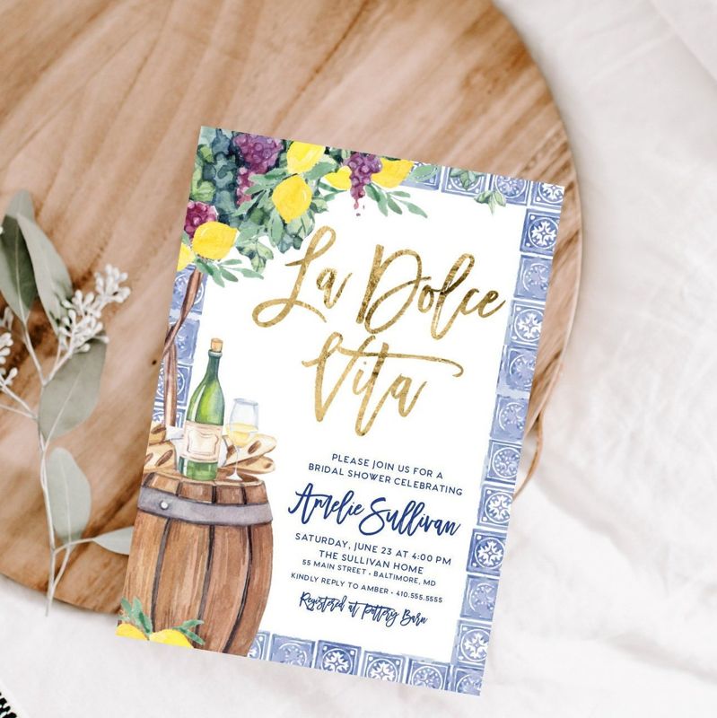 La Dolce Vita - Tuscan Winetasting Bridal Shower Invitation - Tuscany Lemon Bridal Shower - Winery Bridal Shower (10 printed invitations | Plain White Envelopes)