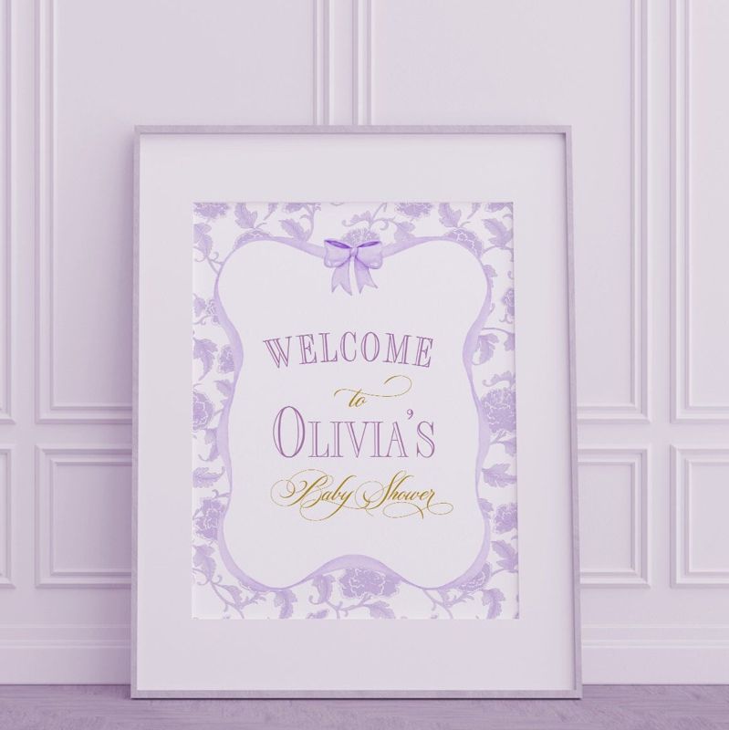 Girl Baby Shower Welcome Sign Printed - Lilac Chinoiserie- Classic Baby Girl Sprinkle Signage - Printed 18x24" Welcome Poster Lavender (18x24")