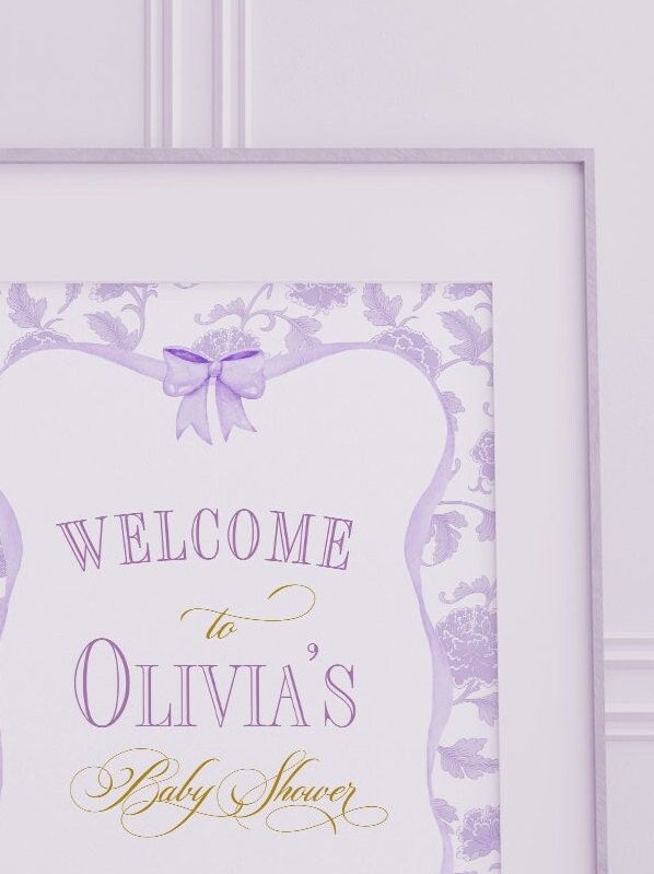 Girl Baby Shower Welcome Sign Printed - Lilac Chinoiserie- Classic Baby Girl Sprinkle Signage - Printed 18x24" Welcome Poster Lavender (18x24")