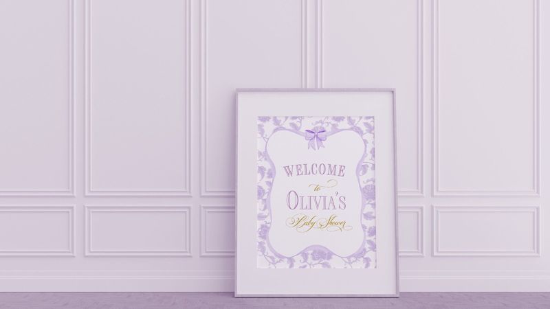 Girl Baby Shower Welcome Sign Printed - Lilac Chinoiserie- Classic Baby Girl Sprinkle Signage - Printed 18x24" Welcome Poster Lavender (18x24")