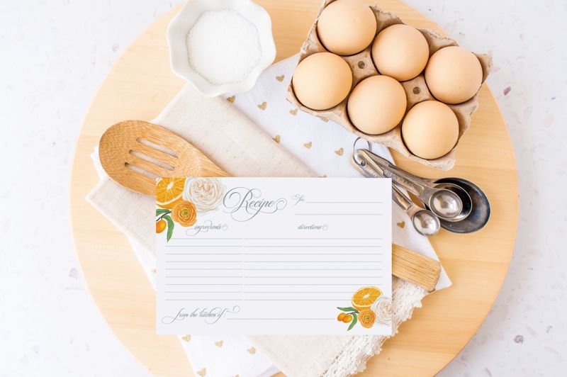 Citrus Recipe Cards Printed - Orange and Floral Recipe Cards for Bridal Shower - Recipes for Bride to Be - Bridal Shower Inserts (20 printed cards)