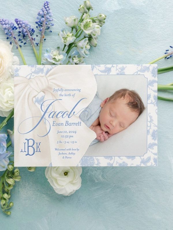 Baby Boy Birth Announcements Printed Blue Toile Blue Chinoiserie (10 printed invitations | Plain White Envelopes)