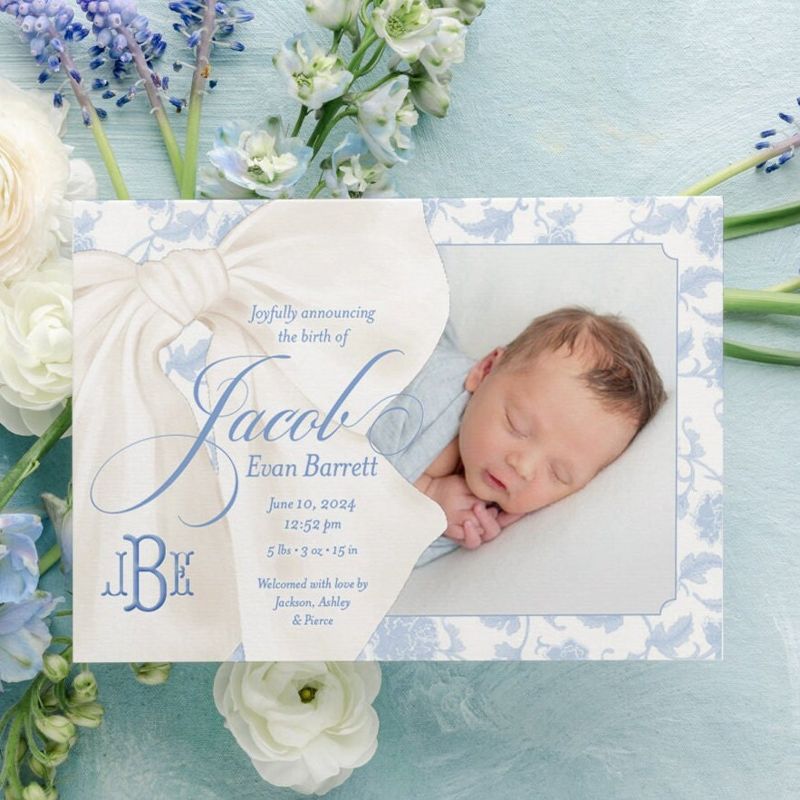 Baby Boy Birth Announcements Printed Blue Toile Blue Chinoiserie (10 printed invitations | Plain White Envelopes)