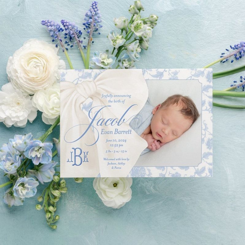 Baby Boy Birth Announcements Printed Blue Toile Blue Chinoiserie (10 printed invitations | Plain White Envelopes)