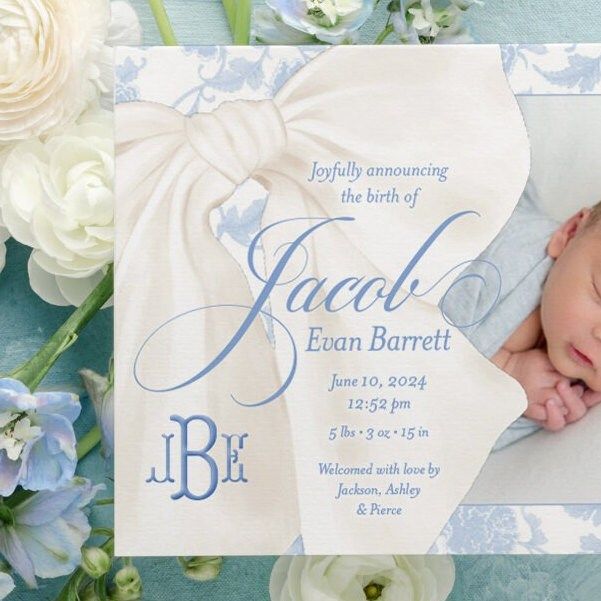 Baby Boy Birth Announcements Printed Blue Toile Blue Chinoiserie (10 printed invitations | Plain White Envelopes)