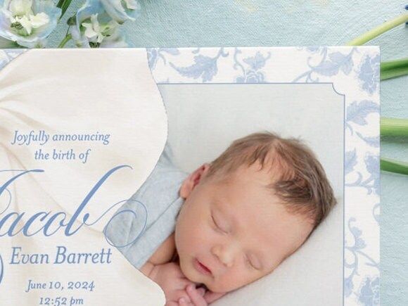 Baby Boy Birth Announcements Printed Blue Toile Blue Chinoiserie (10 printed invitations | Plain White Envelopes)