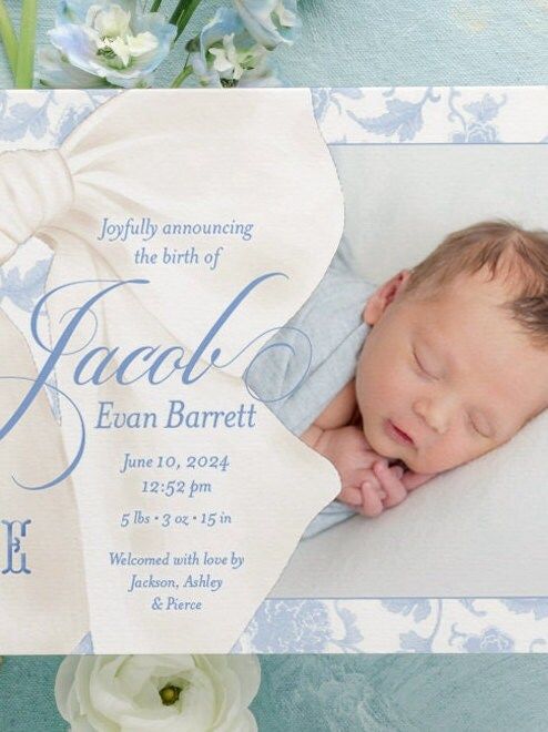 Baby Boy Birth Announcements Printed Blue Toile Blue Chinoiserie (10 printed invitations | Plain White Envelopes)