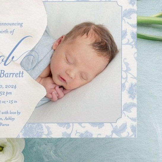 Baby Boy Birth Announcements Printed Blue Toile Blue Chinoiserie (10 printed invitations | Plain White Envelopes)
