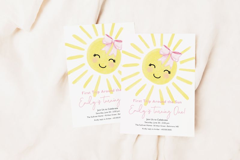 First Trip Around the Sun Birthday Invitation - Sunshine 1st Birthday Invite - Birthday Girl - Our Little Sunshine - My Sunshine Girl Pink