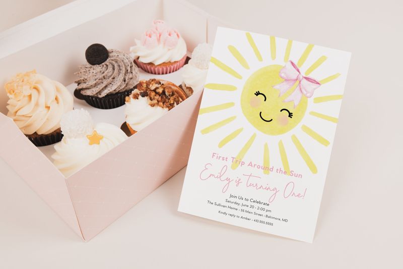 First Trip Around the Sun Birthday Invitation - Sunshine 1st Birthday Invite - Birthday Girl - Our Little Sunshine - My Sunshine Girl Pink