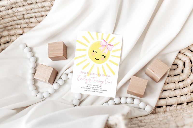 First Trip Around the Sun Birthday Invitation - Sunshine 1st Birthday Invite - Birthday Girl - Our Little Sunshine - My Sunshine Girl Pink