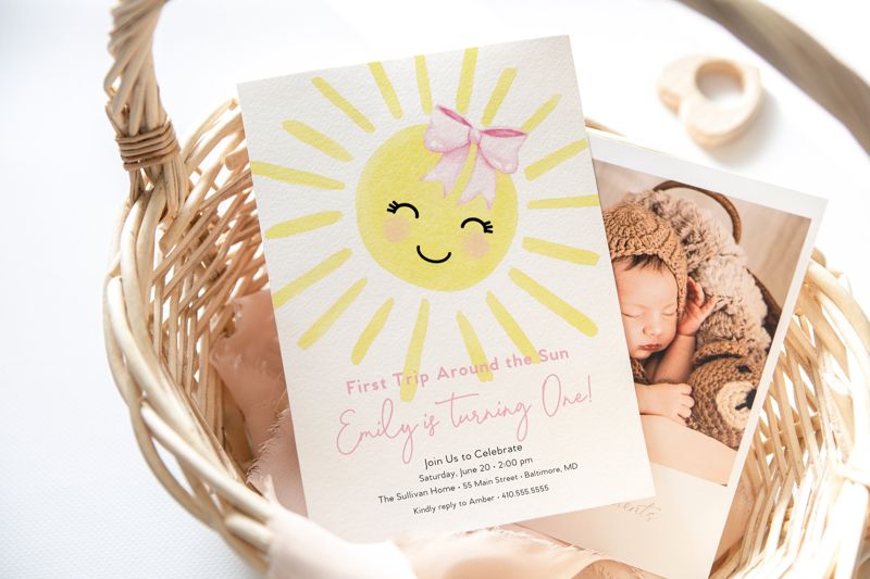 First Trip Around the Sun Birthday Invitation - Sunshine 1st Birthday Invite - Birthday Girl - Our Little Sunshine - My Sunshine Girl Pink