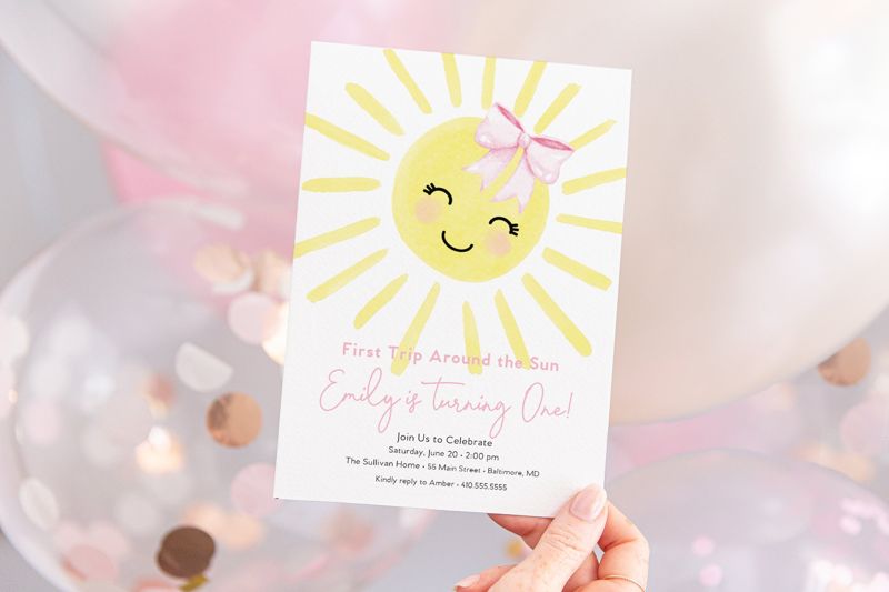 First Trip Around the Sun Birthday Invitation - Sunshine 1st Birthday Invite - Birthday Girl - Our Little Sunshine - My Sunshine Girl Pink