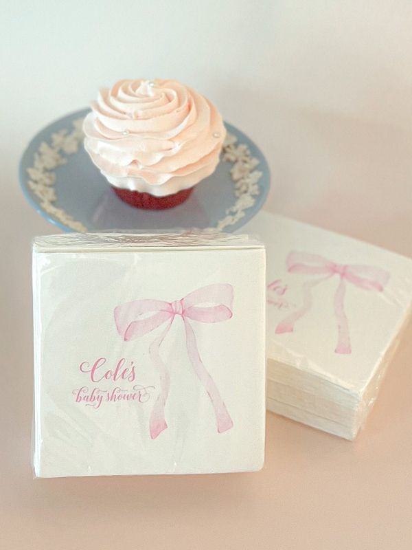Napkins for Baby Girl Shower - Pink Bow Paper Napkins - Personalized Napkins for Baby Girl Sprinkle - Custom Cocktail Napkins Printed (100 Printed Napkins)