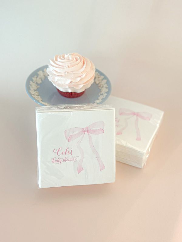 Napkins for Baby Girl Shower - Pink Bow Paper Napkins - Personalized Napkins for Baby Girl Sprinkle - Custom Cocktail Napkins Printed (100 Printed Napkins)