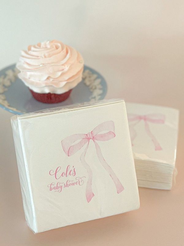 Napkins for Baby Girl Shower - Pink Bow Paper Napkins - Personalized Napkins for Baby Girl Sprinkle - Custom Cocktail Napkins Printed (100 Printed Napkins)