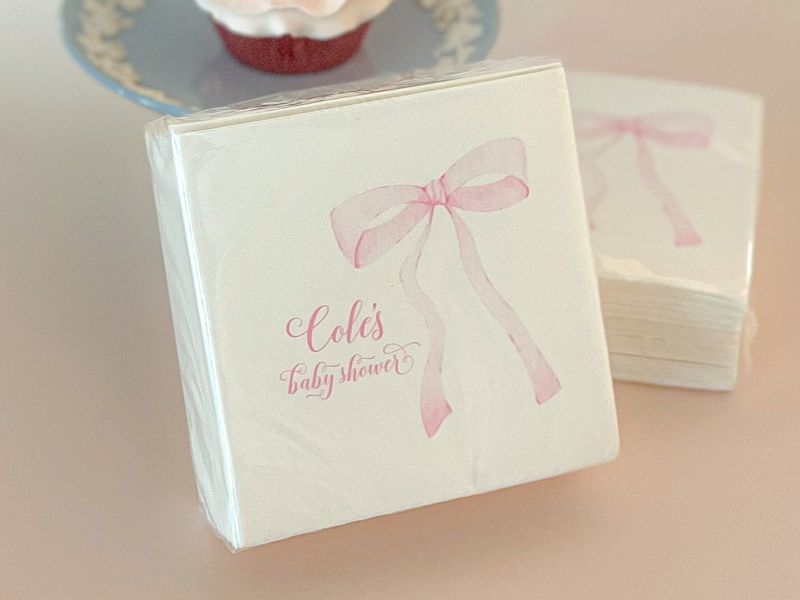 Napkins for Baby Girl Shower - Pink Bow Paper Napkins - Personalized Napkins for Baby Girl Sprinkle - Custom Cocktail Napkins Printed (100 Printed Napkins)