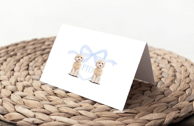 Preppy Watercolor Crest - Golden Doodle - Blue Monogram - Bow Baby Shower Thank You Notes (20 printed notes)