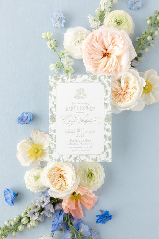 Sage Green Invitations for Baby Shower - Baby Sprinkle Invites - Bridal Tea - Classic Bridal Lunch - Baby Blessing - Baby Tea (10 printed invitations | Plain White Envelopes)