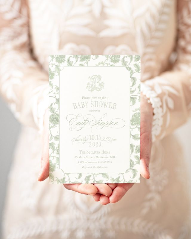 Sage Green Invitations for Baby Shower - Baby Sprinkle Invites - Bridal Tea - Classic Bridal Lunch - Baby Blessing - Baby Tea (10 printed invitations | Plain White Envelopes)