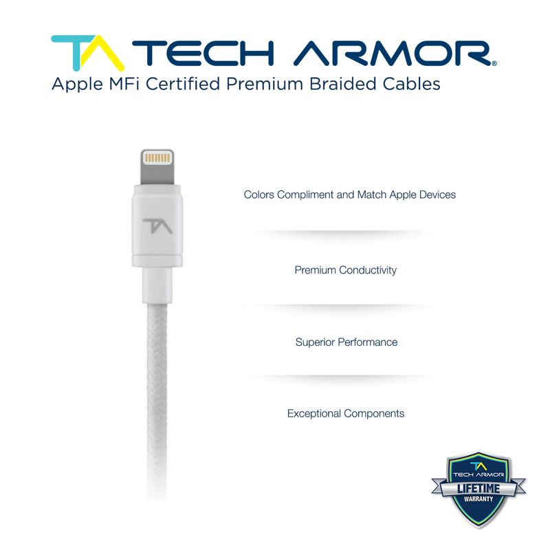 Tech Armor Apple MFi Certified Lightning Cable to USB A - 6FT White - Tough-Braided Extra-Strong Jacket - Sync/Charge iPhone & iPad