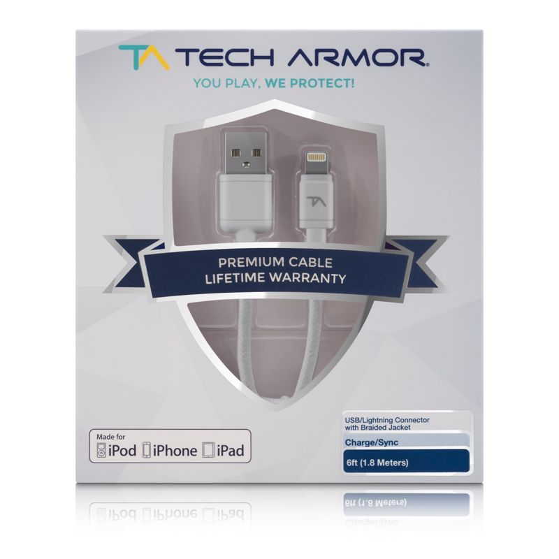 Tech Armor Apple MFi Certified Lightning Cable to USB A - 6FT White - Tough-Braided Extra-Strong Jacket - Sync/Charge iPhone & iPad