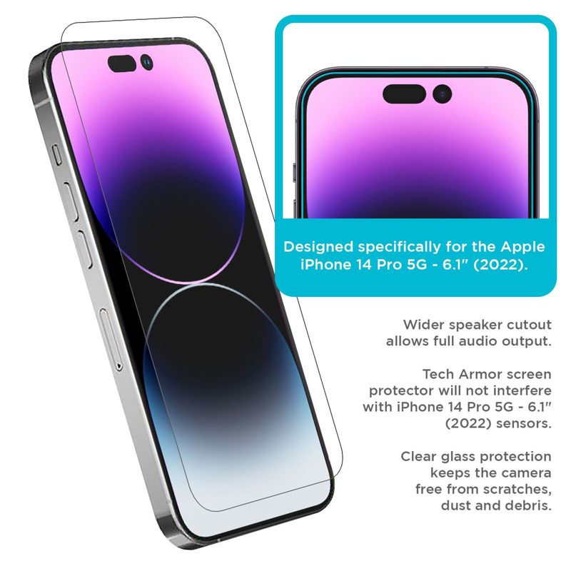 Tech Armor Ballistic Glass Screen Protector for iPhone 14 Pro 5G [6.1 inch] Display 2022 with 1 Pack Tempered Glass Camera Lens Protector, 9H Hardness, 3 Pack - HD Clear