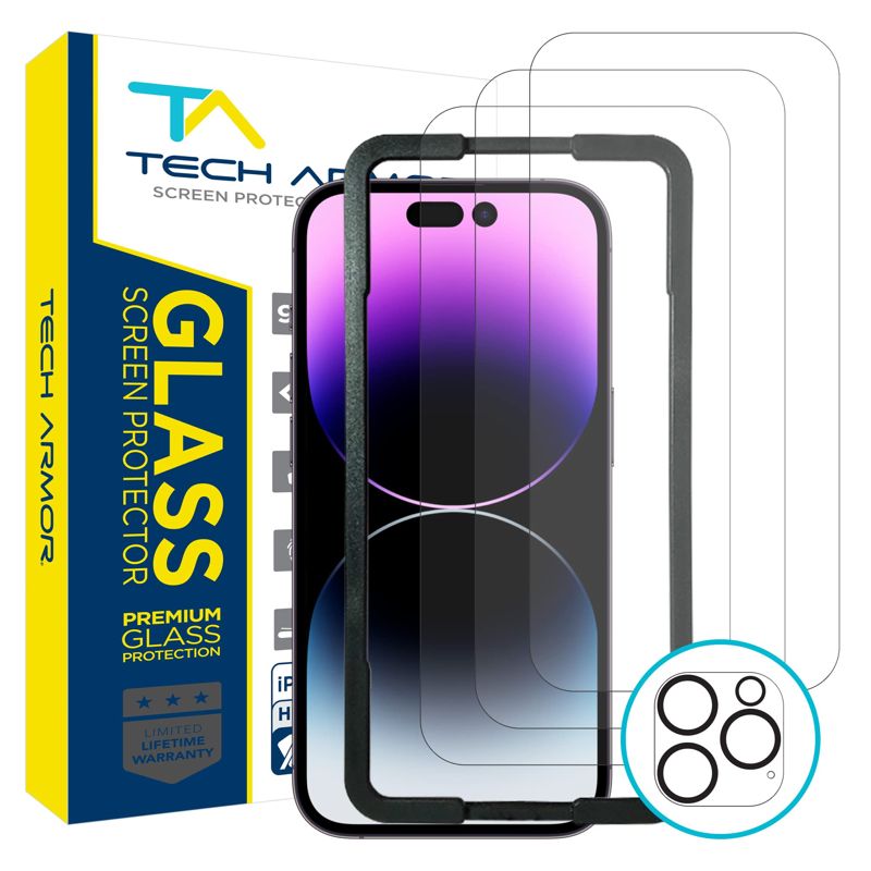 Tech Armor Ballistic Glass Screen Protector for iPhone 14 Pro 5G [6.1 inch] Display 2022 with 1 Pack Tempered Glass Camera Lens Protector, 9H Hardness, 3 Pack - HD Clear