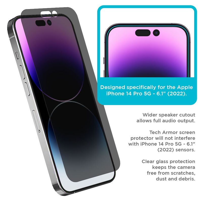 Tech Armor 1 Pack Privacy Ballistic Glass Screen Protector Compatible for Apple NEW iPhone 14 Pro 5G 6.1 Inch Tempered Glass 2022