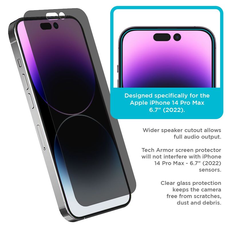 Tech Armor 1 Pack Privacy Ballistic Glass Screen Protector Compatible for Apple NEW iPhone 14 Pro Max 5G 6.7 Inch Tempered Glass 2022